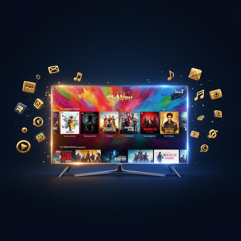 Smart TV exibindo serviço de IPTV premium com canais ao vivo e filmes sob demanda